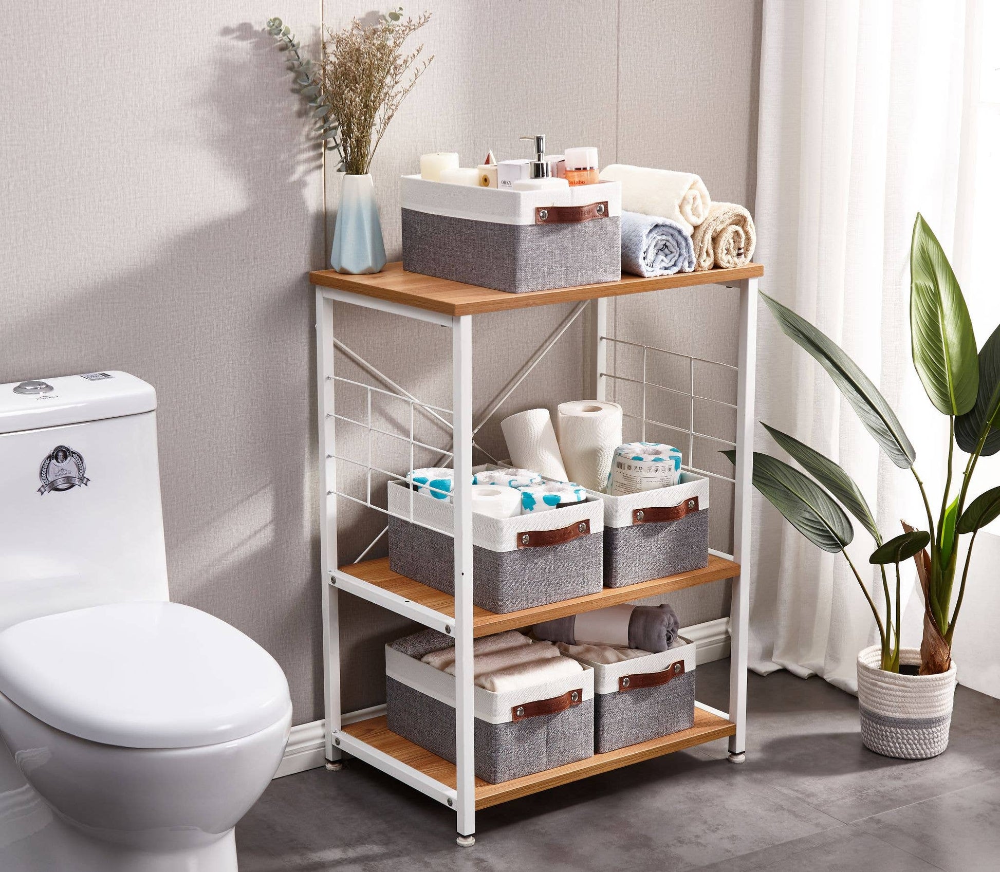 DECOMOMO Collapsible Fabric Storage Baskets, White/Grey, Set of 6